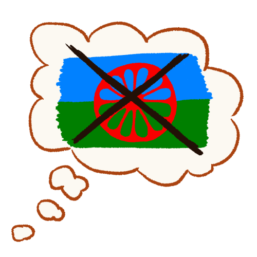  A drawing of a thought bubble containing the Rromani flag with a large X over it.